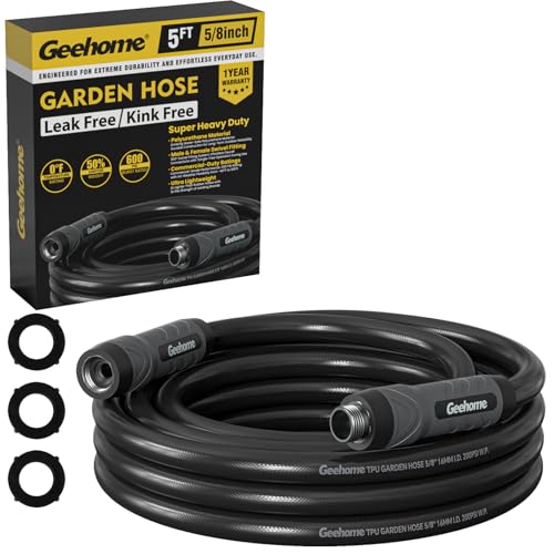 Geehome Leader Short Garden Hose 5 ft x 5/8 Polyurethane Water Hose with Swivel Fittings Flexible Lightweight No-Kink Leakproof Burst 600 PSI Black
