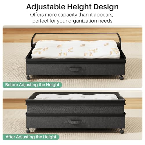 Image of Kitstorack 4 Pack Height-adjustable Under Bed Storage with Wheels, Under Bed Storage Containers,Under Bed Shoe Storage Organizer with Clear Window&Label, Suitable for Clothes Storage, Black