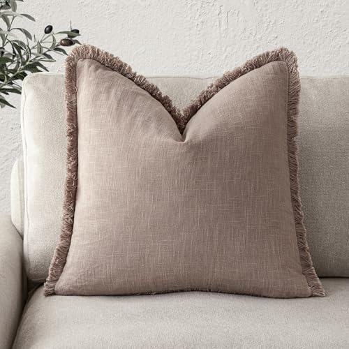 Image of Foindtower Decorative Linen Fringe Throw Pillow Covers Cozy Boho Farmhouse Cushion Cover with Tassels Soft Accent Pillowcase for Chair Sofa Bed Living Room Home Decor, 20x20 Inch,1PC,Dusty Pink