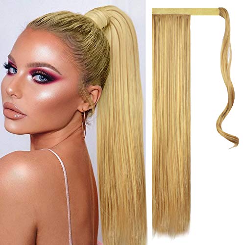 FESHFEN Straight Long Ponytail Extensions 24 Inch Wrap Around Synthetic Hair Piece Magic Paste Pony Tail Hair Extensions Hairpieces for Women Girls