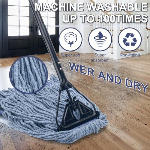 Image of Commercial Industrial Mop for Floor Cleaning,3 Extra Large Replacement Head | Reusable,59 inch Long Handle,Heavy Duty Looped-End String Wet Cotton Mop for House,Kitchen,Office,Garage,Tile Floor