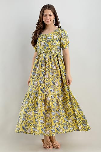 Image of Monique Brand Women's /Girls Cotton Kurta for Women Floral Printed Regular Fit Anarkali Kurta ||Floral Flared Western Dress