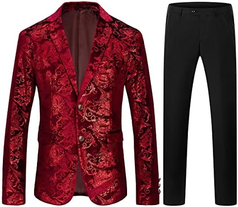 Mens Tuxedo Suits Slim Fit 2 Piece Regular Fit Blazer Pants Floral Formal Casual Wedding Shawl Lapel Suits for Prom Red Small