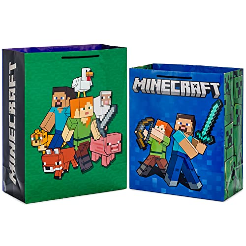 Hallmark Minecraft Gift Bag Bundle (2 Bags: 13 Large Blue Bag 15 Extra Large Green) for Birthdays Christmas Valentines Day Halloween Kids Parties