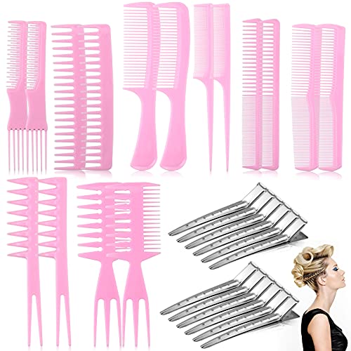 Oruuum 28 Pcs Hair Styling Combs Set, 16 Pcs 8 Style Professional Pink Anti Static Coarse Fine Toothed Combs and 12 Pcs Long Beak Hairdressing Duckbill Clip For Barber stylist