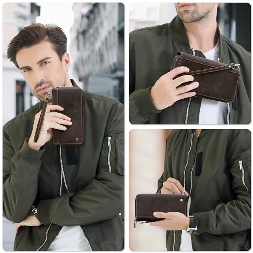Image of Top Grain Genuine Leather Clutch Bag Wallet with Wristlet for Man & Woman, Handmade Retro Design, 2 Zipper Pockets & Multiple Slots, RFID Large Capacity for Cards /Phone /Check /Money /Coin, Coffee