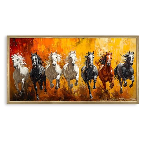 Image of PAPER PLANE DESIGN Seven Running Horses HD Canvas Print Wall Art - Premium Vastu Golden Box Frame With Acrylic - Elegant Home & Office Decor - Size: 2 x 4 Feet. (B)