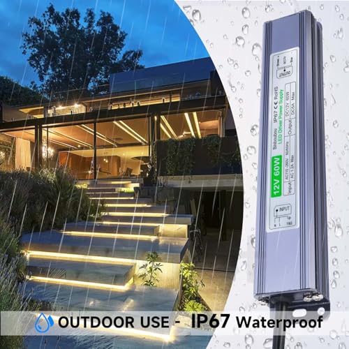 Image of LED Driver 60W Waterproof IP67 Power Supply Adapter, AC110V to DC12V Constant Voltage LED Transformer with 3-Prong US Plug for Outdoor & Indoor LED Lights, Computer Projects