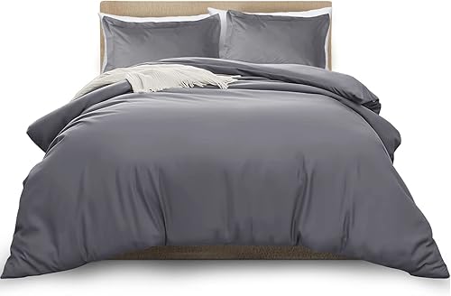 MOONLIGHT20015 Funda de edredón gris tamaño Queen Suave juego de funda de edredón de microfibra de doble cepillado de 3 piezas con cierre de botón,