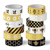 Whaline 12 Rolls Bee Washi Tape Foil Gold Honey Bee Washi Masking Tape 15mm Wide Bumblebee Honeycomb Daisy Print Decorative Adhesive Masking Tape for Scrapbook Gift Wrapping DIY Art Crafts, 9.8ft