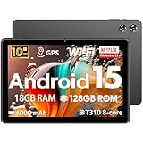 Tablet 10 Pulgadas Android 15, 18 GB RAM + 128 GB ROM, Google GMS, Expandible a 1 TB, Compatible con Widevine L1, Procesador Octa-Core con 2.4G+5G WiFi 5, BT 5.2, Batería de 6000 mAh, GPS, Cámara Dual