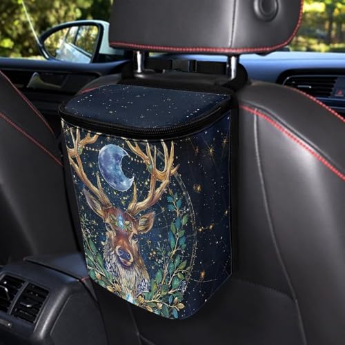 Image of Talayituse Deer Moon Print Car Trash Can Portable Auto Garbage Bin Multifunctional Vehicle Interior Accessories with Adjustable Straps Universal Fit Truck SUV Sedan