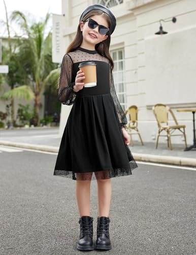 Arshiner Girls Dresses Contrast Mesh Puff Long Sleeve Mock Neck Formal Party A Line Short Tulle Dress3