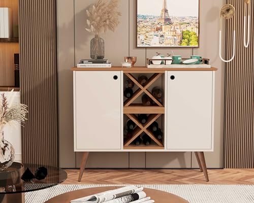 Aparador Buffet Retrô com Adega, 79,5x38x75 cm, MDF/MDP, Preto e Madeira, 3 Prateleiras, Porta com Puxador (OffWhite/Nature)