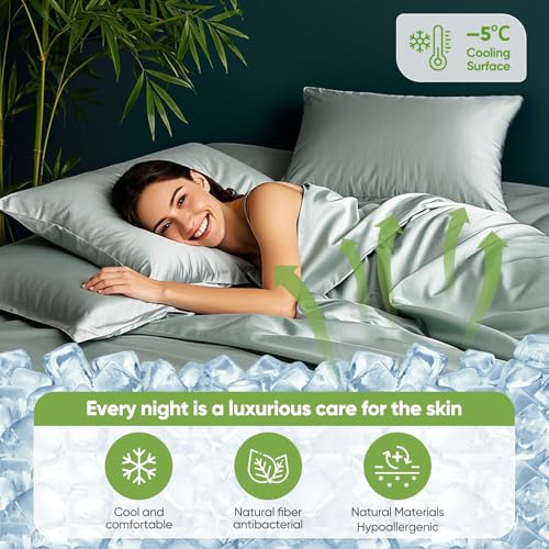 Image of Real 100% Viscose Derived from Bamboo Sheets Set Queen Size, Cooling & Silky Soft for Hot Sleeper, Luxury with Breathable & Moisture Wicking Fabric, 18 inch Deep Pocket with Corner Straps (Sea Glass, Q)