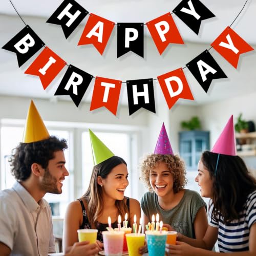 Image of Happy Birthday Banner Sign, Birthday Garland Wall Door Hanging Banners Flag for Women Men Boys Girls Party Backdrop Decorations, Personalized Name Banner White Letters Black and Red