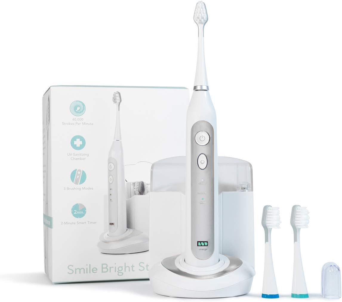 Smile Bright Store Platinum Electronic Sonic Toothbrush with UV Antibacterial Sanitizing Charging Case - Rechargeable Storage Base, (Silver)