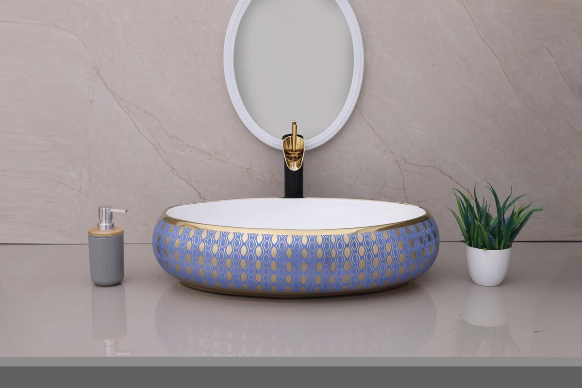 HISRE Countertop Wash Basin 24"x16"x5.5" | Modern Golden with Blue Ceramic Oval Sink | Elegant Bathroom Basin for Home, Office & Hotels, photo 1 of 4