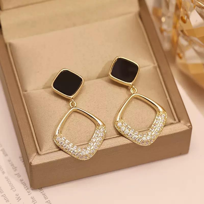 18K Gold Plated Geometric Black Enamel Drop Earrings for Women, Elegant Statement Earrings with Cubic Zirconia, Lightweight Dangle Earrings for Party, Wedding, and Daily Wear - Image 2