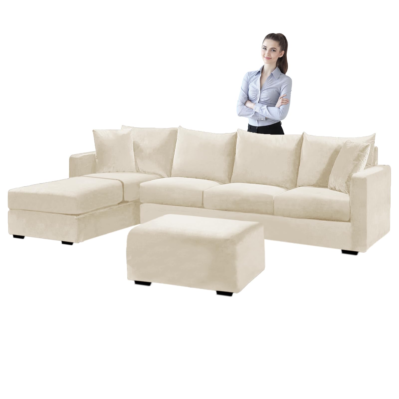 SYLC Velvet Sofa Covers L Shape, Stretch Corner Sofa Cover with Cushion Covers, Couch Cover Friheten Cover for U Sectional Sofa (Beige,Stool Rectangula) — image 1