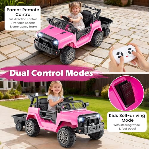 Costzon Ride on Car with Detachable Trailer, 12V Battery Powered Ride on Truck with Parent Remote Control, Light & Music, Electric Vehicle Kids Car Toy for Boys & Girls (Pink)