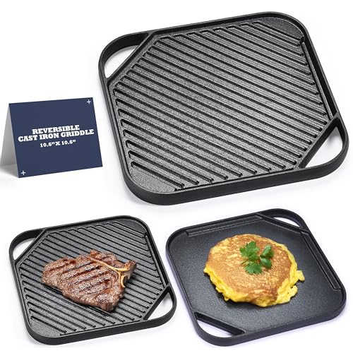 Mountain Grillers Reversible Cast Iron Griddle - Flat Top Griddle Pan and Grooved Grill-Pan Style - for Gas Stovetop, Oven, and Open Fire, Black - 10.6 x 10.6 Inches