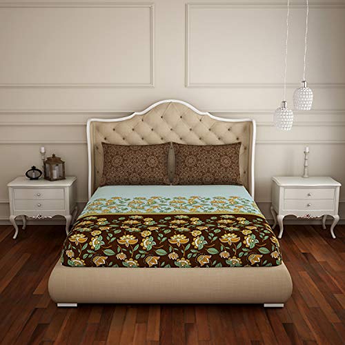 Image of Spaces Atrium Plus 210 TC 100% Cotton Queen Size Fitted Double Bedsheet with 2 Pillow Covers (Floral, 60 inch X 78 inch Inches ) - Sea Green