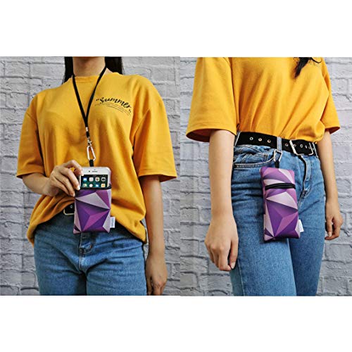 Image of Neoprene Neck Phone Sleeve Bag Pouch w / Clip (Geometric Pattern Purple)