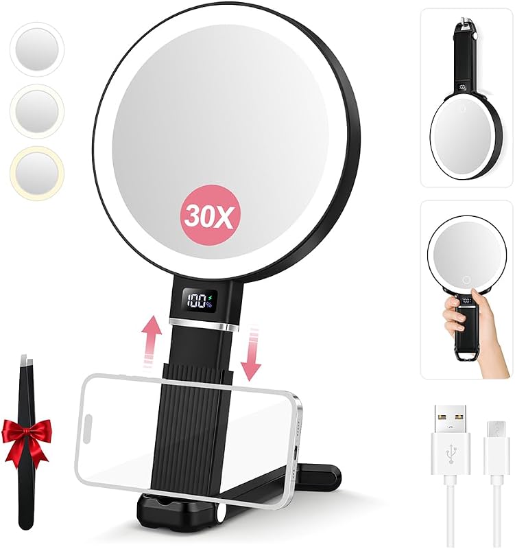 Espelho compacto de viagem MOMOKUBA com aumento de 30X, iluminação LED, suporte para celular e altura ajustável, preto