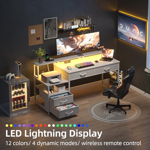 Image of MUTUN 53 inch Computer Desk with 4 Drawers & Power Outlets, Reversible Home Office Desk with Monitor Stand & Printer Stand, Gaming Desk with Led Lights, Study Writing Work Desk Table for Bedroom (White)