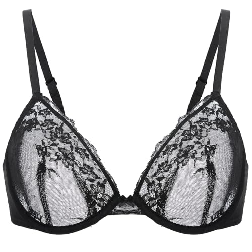 DOBREVA Sujetador de Encaje Floral Sexy Tallas Grandes para Mujer Negro 110G