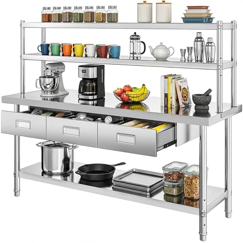 Image of DWVO 72x24in Stainless Steel Table with Adjustable Overshelf & 3 Drawers | NSF Metal Prep Worktable for Kitchen Restaurant Hotel Garage Warehouse Home Commercial
