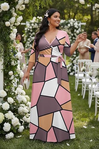 Image of Runwind Plus Size Dresses for Women Floral Maxi Dress Flowy 3 /4 Sleeve with Belt