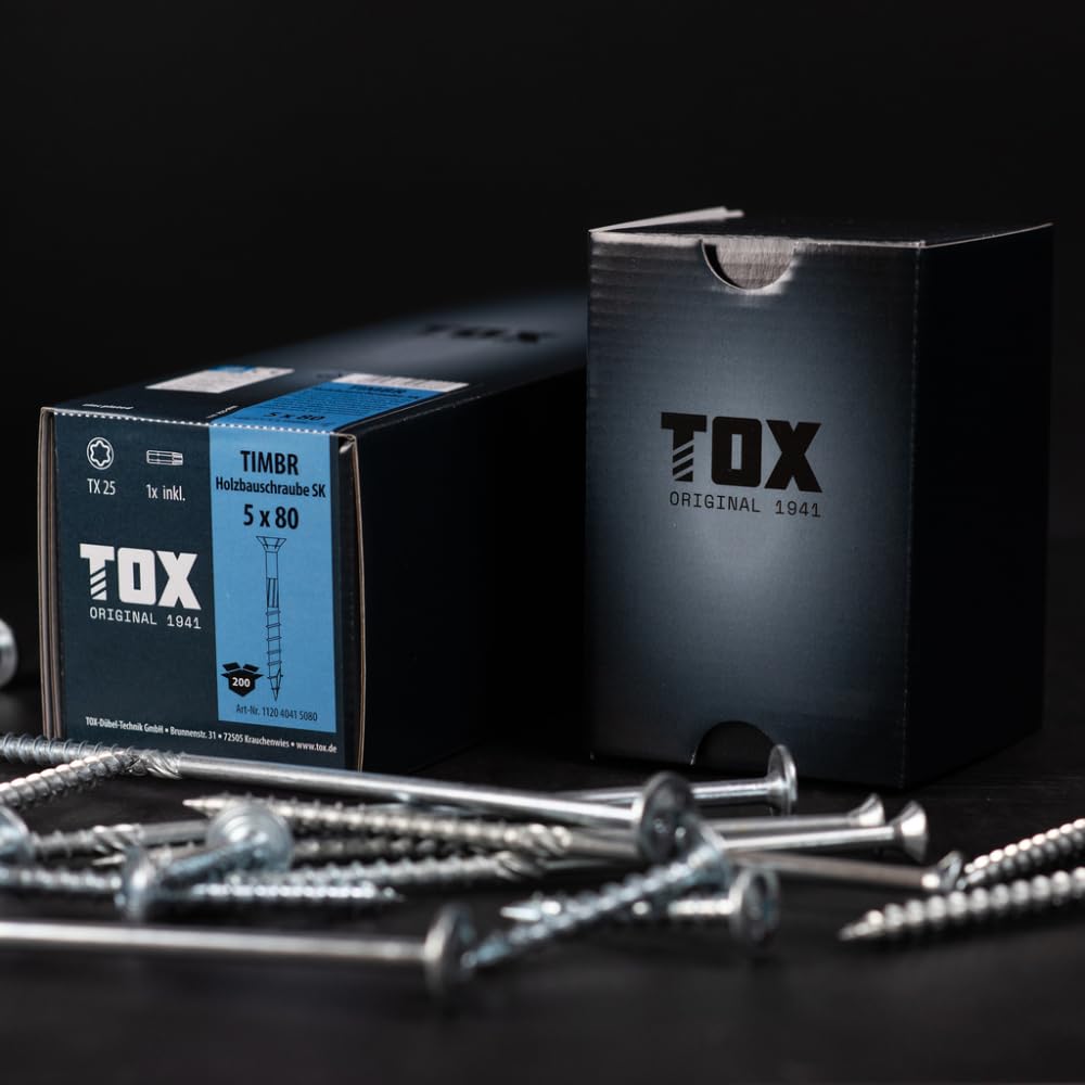 TOX Holzbauschrauben TIMBR TK 8,0 x 320 mm, blau verzinkt mit Tellerkopf, TX40, Schrauben für leichtes Eindrehen und hohe Tragfähigkeit im Holzbau, 50 Stück im Karton, inkl. 1x Bit, 1120804180320