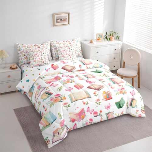 Image of Cartoon Books King Bedding Sets with Comforter,Flat & Fitted Sheet,Pillowcases,Pillow Covers 7 Pcs Garden Floral Fairy Tale Dreamy Comforter Set Watercolor Rose Pink Butterfly Bedroom Dorm