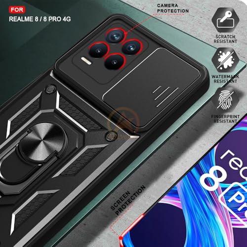 Image of Armor Bumper Back Cover Case for Realme 8 Pro / 8 4G Rotating Camera Cover, Ring Holder & Kickstand | Heavy Duty & 360 Degree Protection Realme 8 Pro / 8 4G Back Cover (Black)