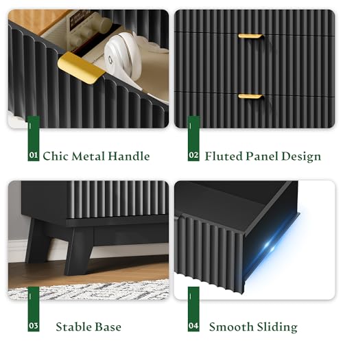 Image of Xixini Fluted Nightstand with Charging Station, Tall Bedside Table, Black