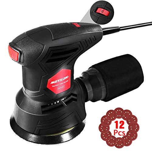 Meterk Lijadora Orbital, Lijadora Excentrica Eléctrica (300W 12000RPM) 6 Velocidades Ajustables, 12 Lijas (6 x 80 granos & 6 × 180 granos), Caja de Recogida de Polvo, Cable de 2 Metros