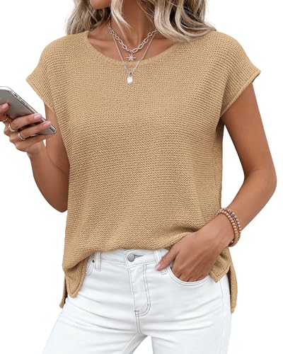 BTFBM Sweater Vest Women Cap Sleeve Tops,Khaki,X-Large - image 4