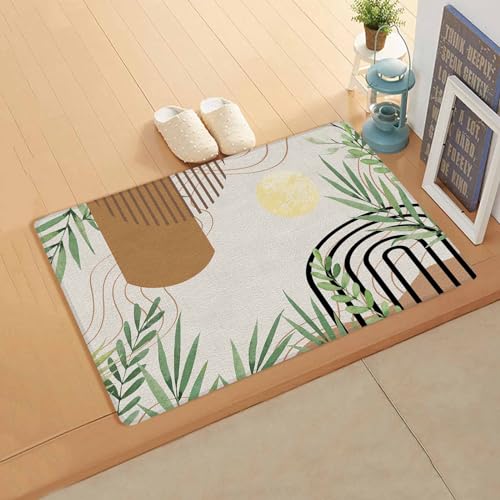 Boho Leaves Kitchen Bath Door Mat Cushioned Runner Rug,Washable Welcome Floor Sink Antifatigue Mat,Waterproof & Non-Slip Comfort Standing Doormat,Abstract Geometric Vintage Brown Black 18