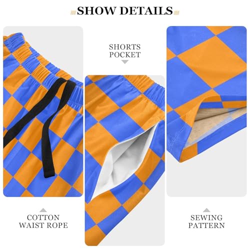 Men's Orange and Blue Buffalo Checkered Pajama Shorts with Pocket and Drawstring S4