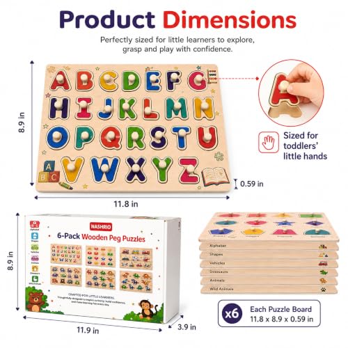 Image of Wooden Peg Puzzles for Kids Ages 3-5, 6 Pack Large ABC Alphabet Number Shape Animal Dinosaur Vehicle Puzzle Set, Preschool Learning Toys, Montessori Educational Gifts for 3 4 5 Boys Girls