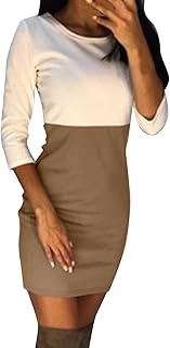 NHNKB Women's Knee-Length Round Neck Long Sleeve Dress Fashion Colour Block Medium Length Slim Cut Casual Dress Women's Summer Dresses Knee-Length with Sleeves Summer Dress Women's Short