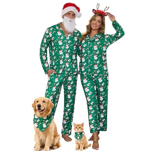 Family Matching Pajamas Set Long Sleeve Button Down Pjs Soft Lounge Set Sleepwear for Men and Women Women X-Large Dark Green Santa Claus