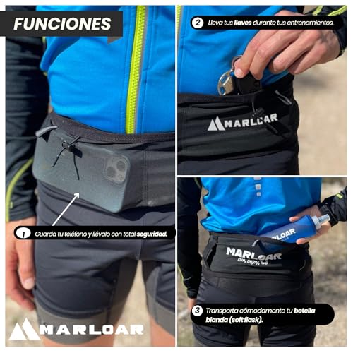 MARLOAR Cinturon Running + Soft flask 250ml de regalo - Riñonera Running - Cinturon Correr . Incluye Portadorsales Running y Porta Bastones Trail Running (NEGRO + SOFTFLASK 250ML, S) - imagen 4