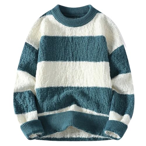 Men's Knitted Sweater Casual Round Neck Weaving Stripe Pullover Warm Sweater Tops