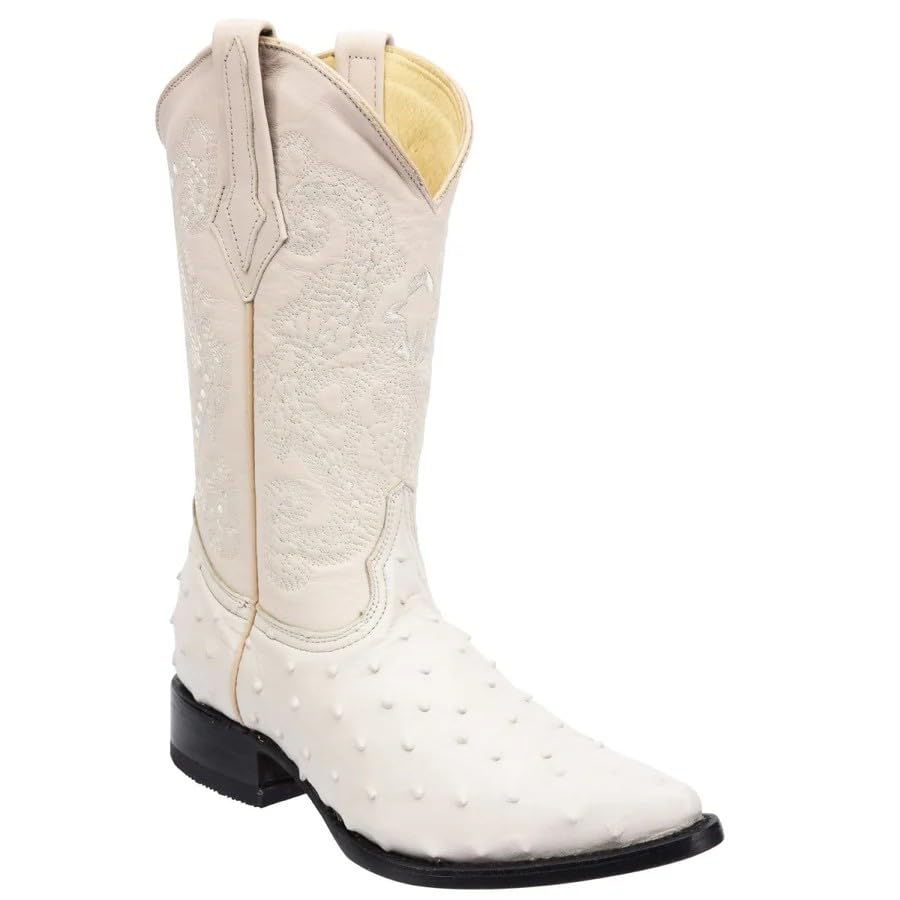 Men’s Genuine Leather Ostrich Print J-Toe Cowboy Western Boots - Winter White Bone