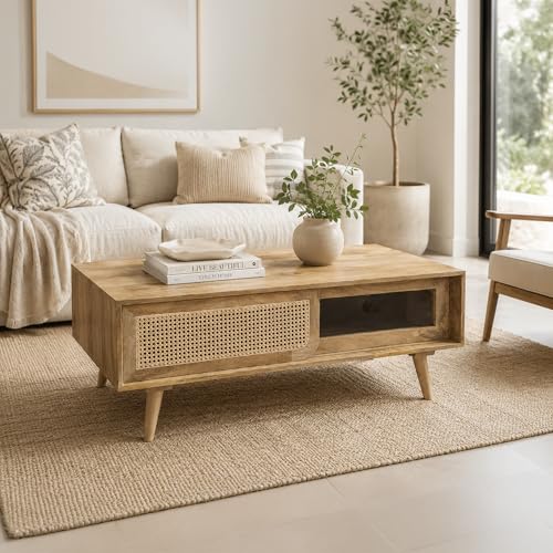 Image of The Attic INES Coffee Table for Living Room, Solid Wood Centre Table with Cane with Sliding Doors, Natural Finish