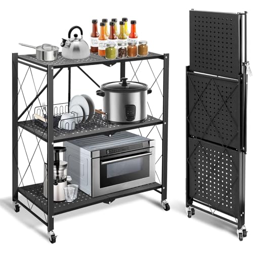 Vichirskit Lagerregal Metall 3 Ebenen, Schwerlastregal Schwarz 72 X 34 X 87cm Faltbares Storage Shelf, Rollregal Küchenregal - Keine Montage Erforderlich, Robustes Metallregal Mit Rädern - Schwarz