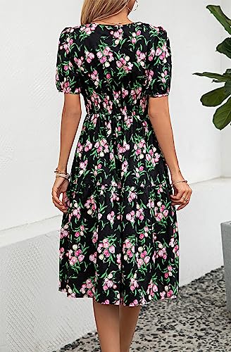 Image of Kormei Women Summer Casual Boho Floral Round Neck Short Sleeve Smocked Waist Tiered Flowy Swing Midi Dress